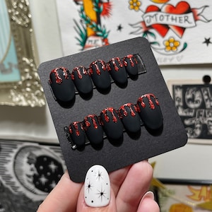 MADE TO ORDER - Blood Drips - Handpainted Goth Red Glitter on Black Matte Gel Press on Nails from Frilled to Death Adornments