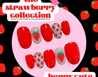 MADE TO ORDER - Berry Cute - Handpainted Press on Strawberry Nails Frilled to Death Nails
