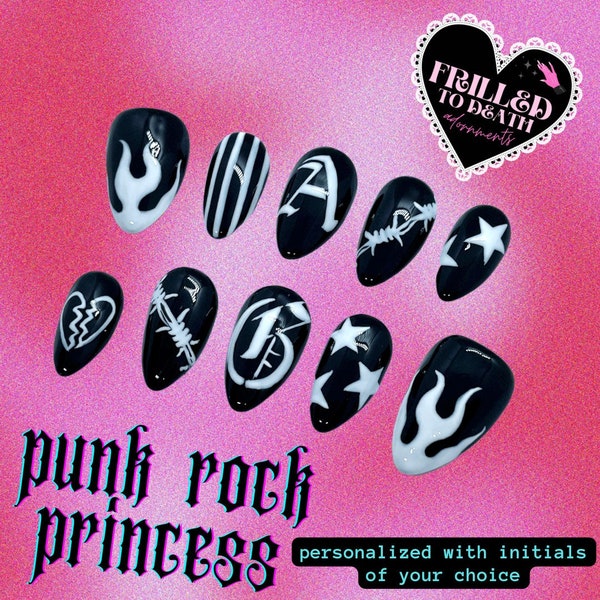 MADE TO ORDER - Punk Rock Princess - Handpainted Gel Spooky Alternative Cute Goth Press on Nails from Frilled to Death Adornments