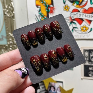 MADE TO ORDER - Queen of Darkness - Handpainted Spooky Burgundy Gel and Black Rhinestone Press on Nails from Frilled to Death Adornments
