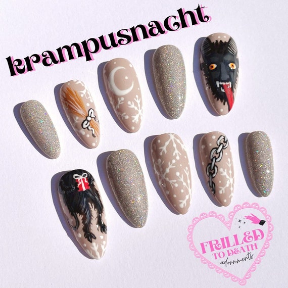 MADE TO ORDER - Krampusnacht - Handpainted Gel Spooky Cute Krampus Folklore Winter Christmas Press on Nails from Frilled to Death Adornments