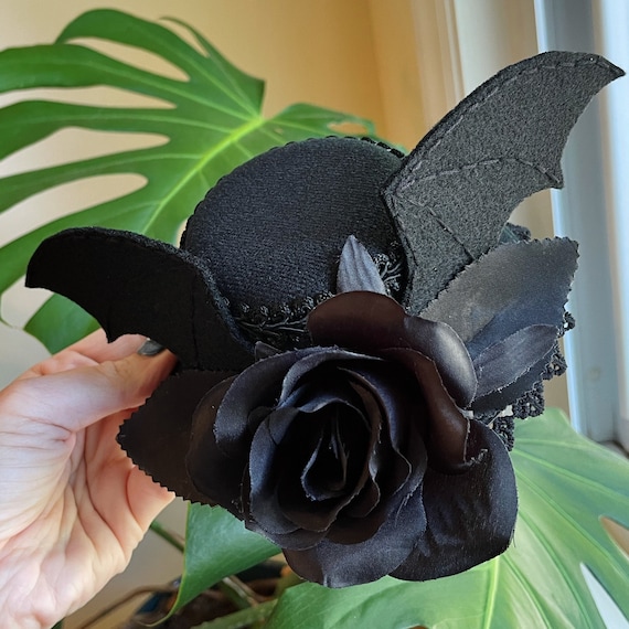 MADE TO ORDER - Little Bat Mini Hat - Handmade Black Rose Gothic