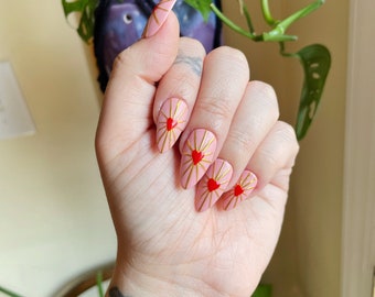 MADE TO ORDER - Sacred Valentine - Handpainted Matte Blush Pink & Gold Chrome Heart Gel Press on Nails Frilled to Death Nails