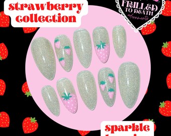 READY TO SHIP - Sparkle Berries - Handpainted Press on Strawberry Nails Frilled to Death Nails - Medium