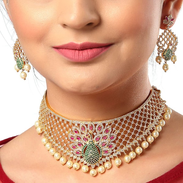 Glamorous Gold-Plated American Diamond choker Jewelry / Stunning Gold-Plated American Diamond Earrings,and Necklaces/bridal choker necklace.