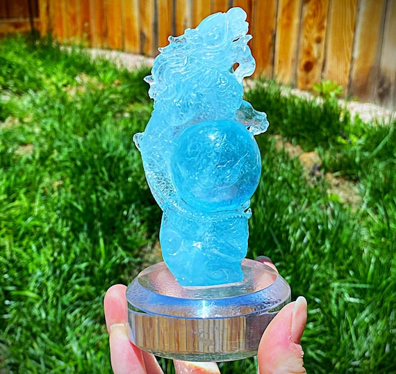 Unique AAA Quality Aquamarine Hand Carved Dragon Holding Ball of Fire