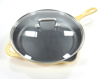 Le Creuset Cast Iron Round Skillet 30cm / 11-3/4" with Glass Lid NIB ~ CAMOMILLE Yellow