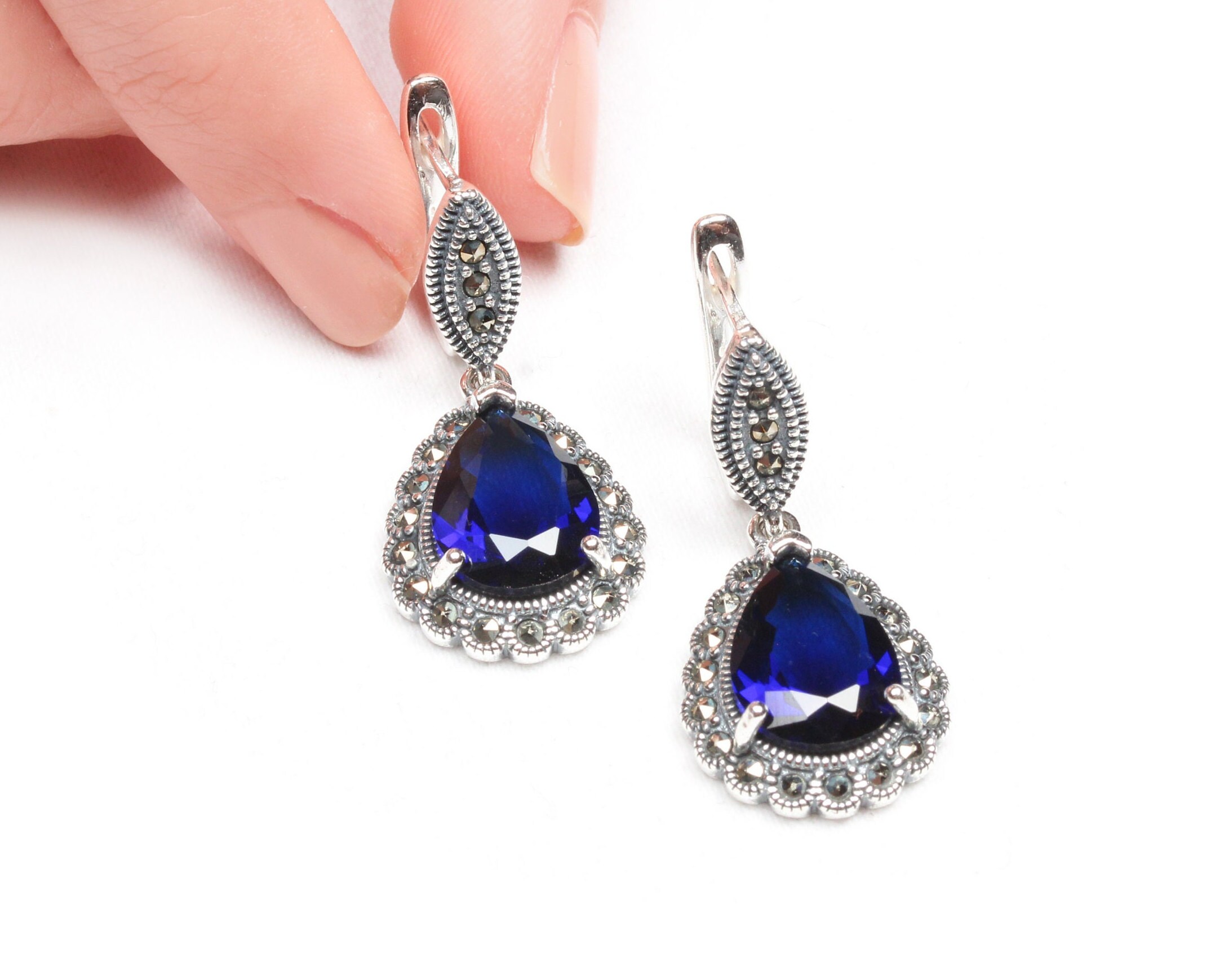 Handmade Earring Women Turkish Handmade Silver Sapphire Stone Earrings Authentic Earrings 925k Sterling Silver Ottoman Earrings