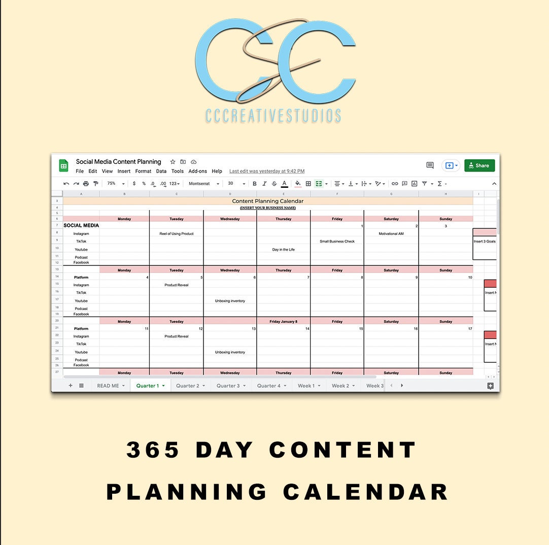 Quarterly 365 Day Content Planning Calendar Weekly Content Etsy
