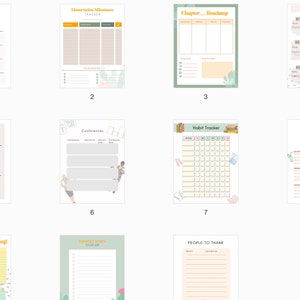 May include: A set of printable planner pages with a green and orange color scheme and a cactus theme. The pages include a final year dissertation tracker, a chapter roadmap, a habit tracker, a conference planner, a to-do list, a people to thank list, and a me time planner.