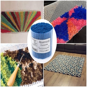 Puede incluir: Una colección de imágenes que muestran técnicas y materiales para hacer alfombras. Incluye un rollo de hilo azul, ejemplos de alfombras terminadas con diseños coloridos y una herramienta para hacer alfombras. Las alfombras presentan varios patrones, incluyendo un estampado de leopardo y un diseño de rayos de sol.
