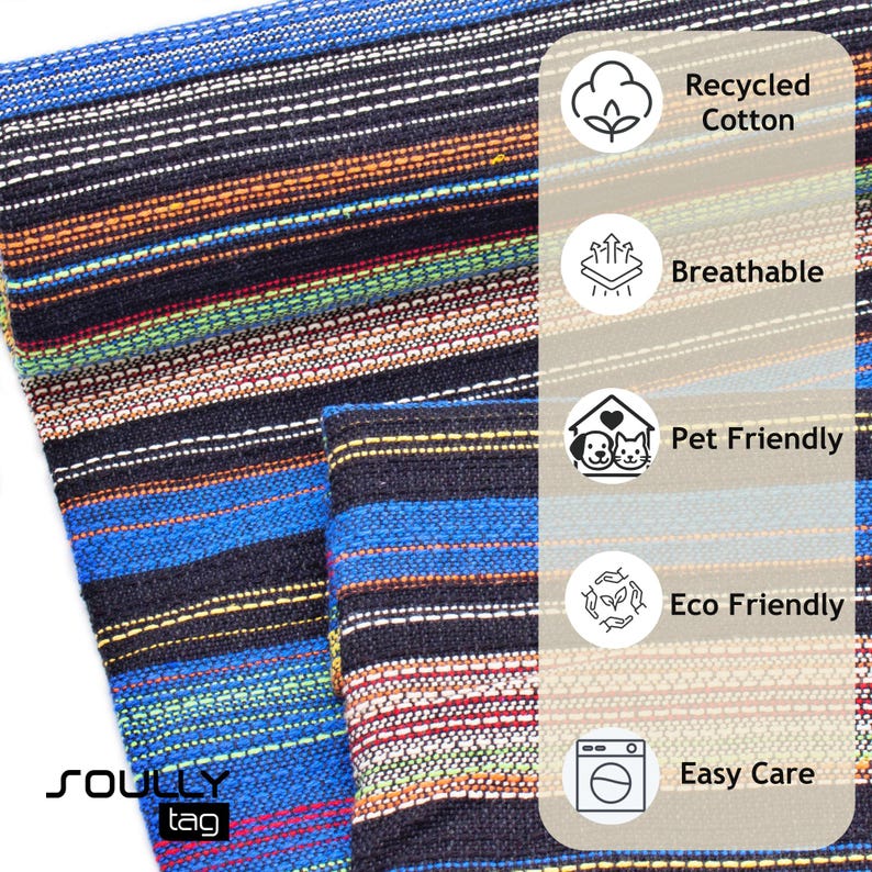 May include: A woven fabric featuring horizontal stripes in black, blue, orange, yellow, and green. A vertical overlay lists features: Recycled Cotton, Breathable, Pet Friendly, Eco Friendly, and Easy Care. The brand name SOULLY tag is visible.