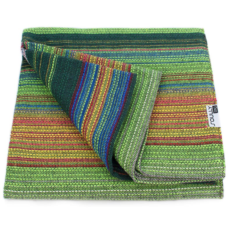 May include: A woven fabric textile featuring a vibrant striped pattern in shades of lime green, yellow, red, and blue. The material has a textured, cross-hatched weave and includes a small white rectangular tag with the text SOULLY tag.