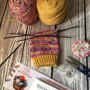 K&ouml;nnte beinhalten: Eine Socke im Strickprozess mit rosa, lila und gelben Garnen, gehalten von schwarzen Stricknadeln. Zwei Wollkn&auml;uel, eines mehrfarbig und eines gelb, sind zu sehen. Ein Blumennadelkissen, eine Schere und gedruckte Materialien sind ebenfalls vorhanden.