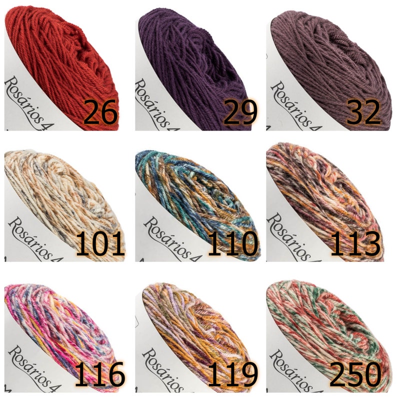 K&ouml;nnte beinhalten: Neun Str&auml;nge Ros&aacute;rios 4 Garn in verschiedenen Farben. Die Farben umfassen Rot-, Lila-, Braun-, Beige-, Blau-, Orange-, Rosa- und Gr&uuml;nt&ouml;ne. Jeder Strang hat eine aufgedruckte Nummer, wie z. B. 26, 29, 32, 101, 110, 113, 116, 119 und 250.