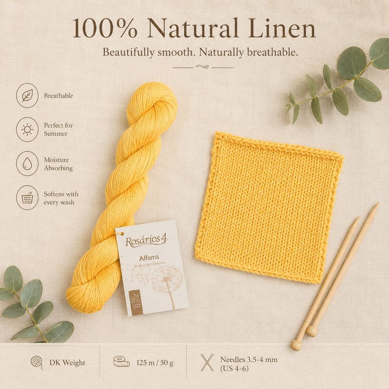 Hilo 100% lino para tejer y hacer ganchillo, grosor DK Double Knit, ovillos de 50 g, grosor Light Worsted, hilo de verano. 50 g = 125 m - Alfama Rosários 4, fabricado en Portugal (UE). imagen 3