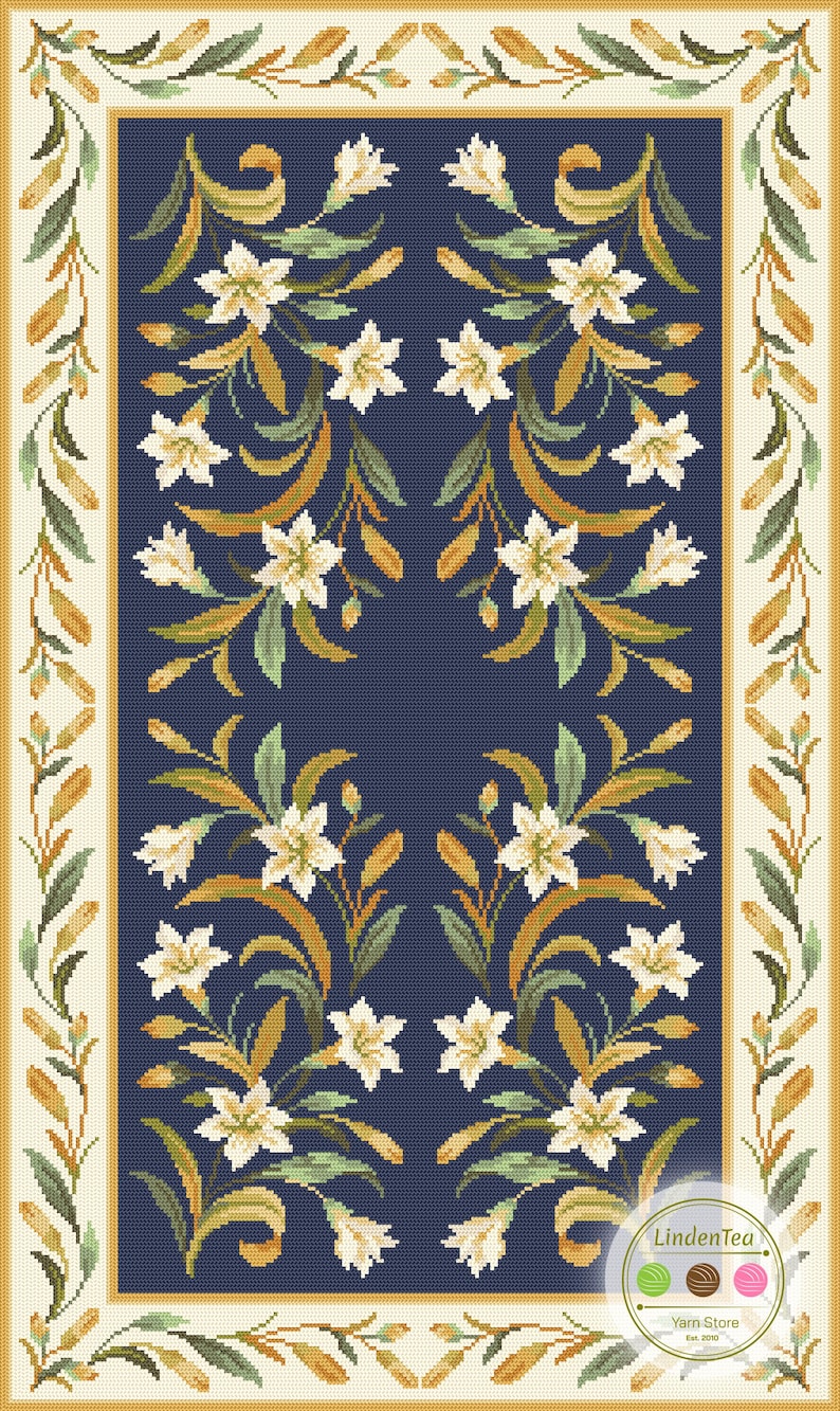 Arraiolos Tapestry Kit - Lily of the Valley Flower Rug - Traditional Portuguese Arraiolos Embroidery Needlework - Rug Carpet DIY Large Kit Dark Blue