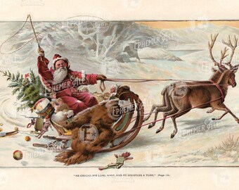 SANTA CLAUS Sleigh with Reindeer 11 X 17 Print Victorian Christmas Dolls Toys Drum Tree to Frame Wall Art Print Premium Matte Paper Poster