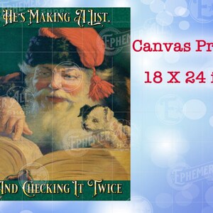SANTA CLAUS Wall Art Vintage Christmas Cute Puppy Dog Checking List- Canvas 18 X 24 inches (45 X 60 cm)