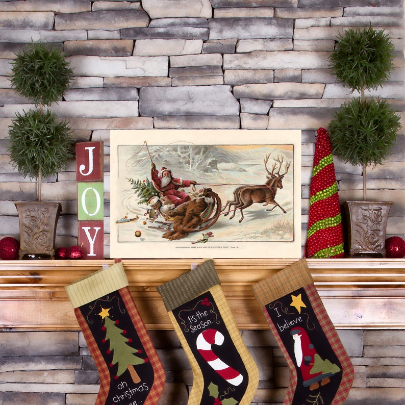 May include: A vintage Christmas illustration of Santa Claus riding in a sleigh pulled by reindeer with the words "Tis the Season" on a stocking hanging on a fireplace mantel.