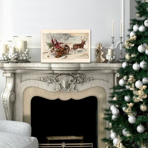 May include: Vintage Christmas illustration of Santa Claus in a sleigh being pulled by a reindeer. The reindeer is running through a snowy landscape. The illustration is in a warm color palette with red, brown, and white tones.