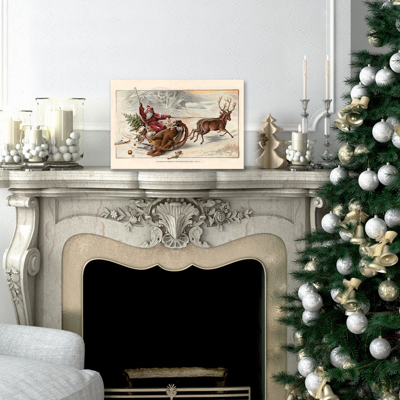 May include: Vintage Christmas illustration of Santa Claus in a sleigh being pulled by a reindeer. The reindeer is running through a snowy landscape. The illustration is in a warm color palette with red, brown, and white tones.