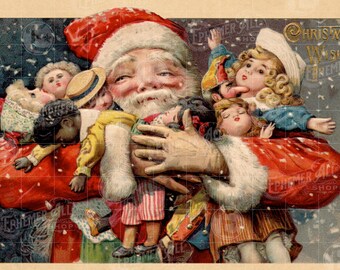 Victorian Santa holding toys in arms dolls assorted ethnic 8X12 Foam board print Landscape Horizontal
