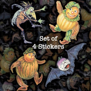 May include: Set of four Halloween stickers featuring a green, orange, and purple creature with a bat wing design. The stickers are printed on white paper and have a black background.