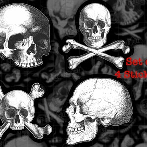 Vintage Skull and Crossbones stickers, Set of 4 Vinyl Weatherproof Stickers, Scary Halloween Pirate Flag Jolly Roger, Black and white