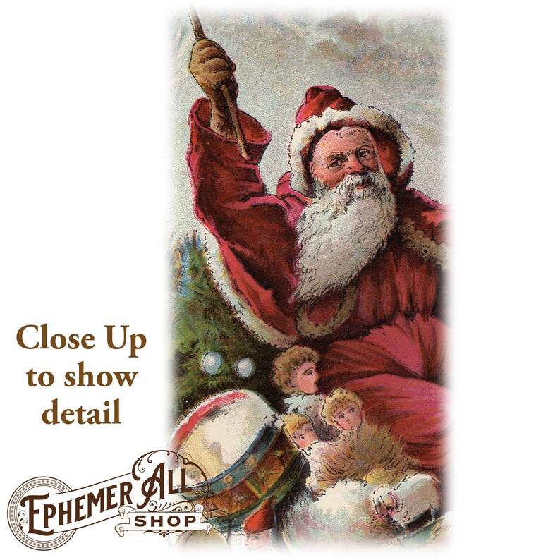 May include: A vintage illustration of Santa Claus in a red suit with white fur trim, holding a stick and looking at the viewer. He is surrounded by children and a drum.
