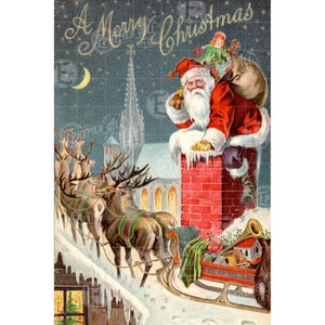 Santa going down scmney mit Schlitten und Rentier auf Dach 8X12 Foam board physical print Portrait Vertikal