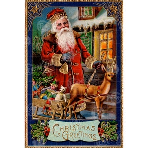 Weihnachtsmann hält Glocke mit winzigen Rentieren und Schlitten voller Spielzeug 8X12 Foam board physical print Portrait Vertikal