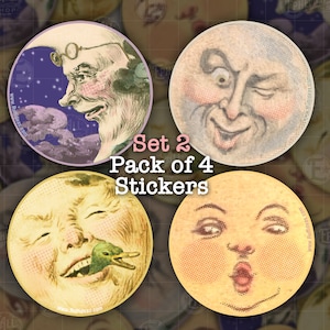 Vintage Man in the Moon Faces- Set 2 - sticker pack of 4, Vinyl Weatherproof. Funny Antique Moon Faces Celestial Weird Oddities