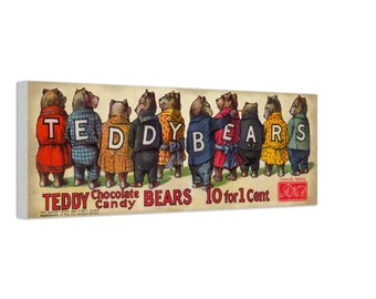 Teddy Bear Chocolate Candy Antique Sign Wall Art Canvas horizontal 8 X 24 inches