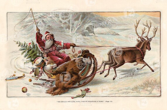 SANTA CLAUS Sleigh with Reindeer Victorian Christmas Eve Dolls Toys Drum Christmas Tree 12 X 18 inch Foam Board Print