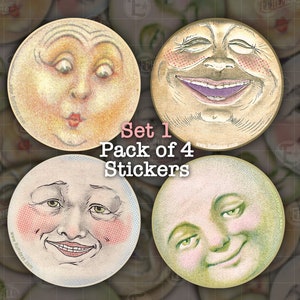 Vintage Man in the Moon Faces- Set 1 pack of 4, Vinyl Weatherproof Sticker. Funny Antique Moon Faces