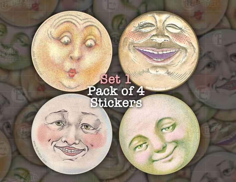 Vintage Man in the Moon Faces Set 1 Pack of 4, Vinyl Weatherproof ...