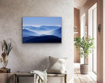 Canvas Wall Art, Blue Mountain Mist, Atmospheric Landscape Scenery, Original Photographic Stretched Canvas Print for Home Living or Office.