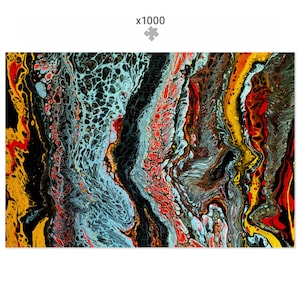 May include: Abstract art print featuring swirling patterns of black, red, yellow, and blue paint. The colours blend and flow together, creating a dynamic and visually interesting design.