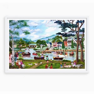 The Boating Lake Modern White Box Frame Premium Giclee Fine Art Print with Border by Artist Valerie Mainwaring.