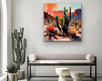 Desert Cactus Abstract Canvas Wall Art Print Multi-Coloured Wall Art for Home or Office Space Premium Quality Canvas Printed in London