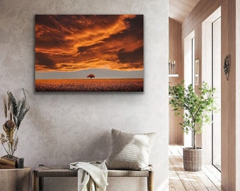 Canvas Wall Art, Prairie Skies, Landscape Sunset, Lone Tree, Orange Clouds, Original Photographic Stretched Canvas Print for Home or Office.