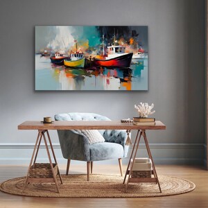 Abstract Fishing Boats Canvas Wall Art Gift Multi Coloured Abstract Canvas Art for Home Decor or Office Space