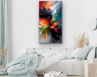 May include: Abstract art canvas print featuring a vibrant explosion of colors. The artwork showcases a dynamic composition with hues of red, orange, green, blue, and black. The canvas is rectangular and vertically oriented, suitable for wall decor.