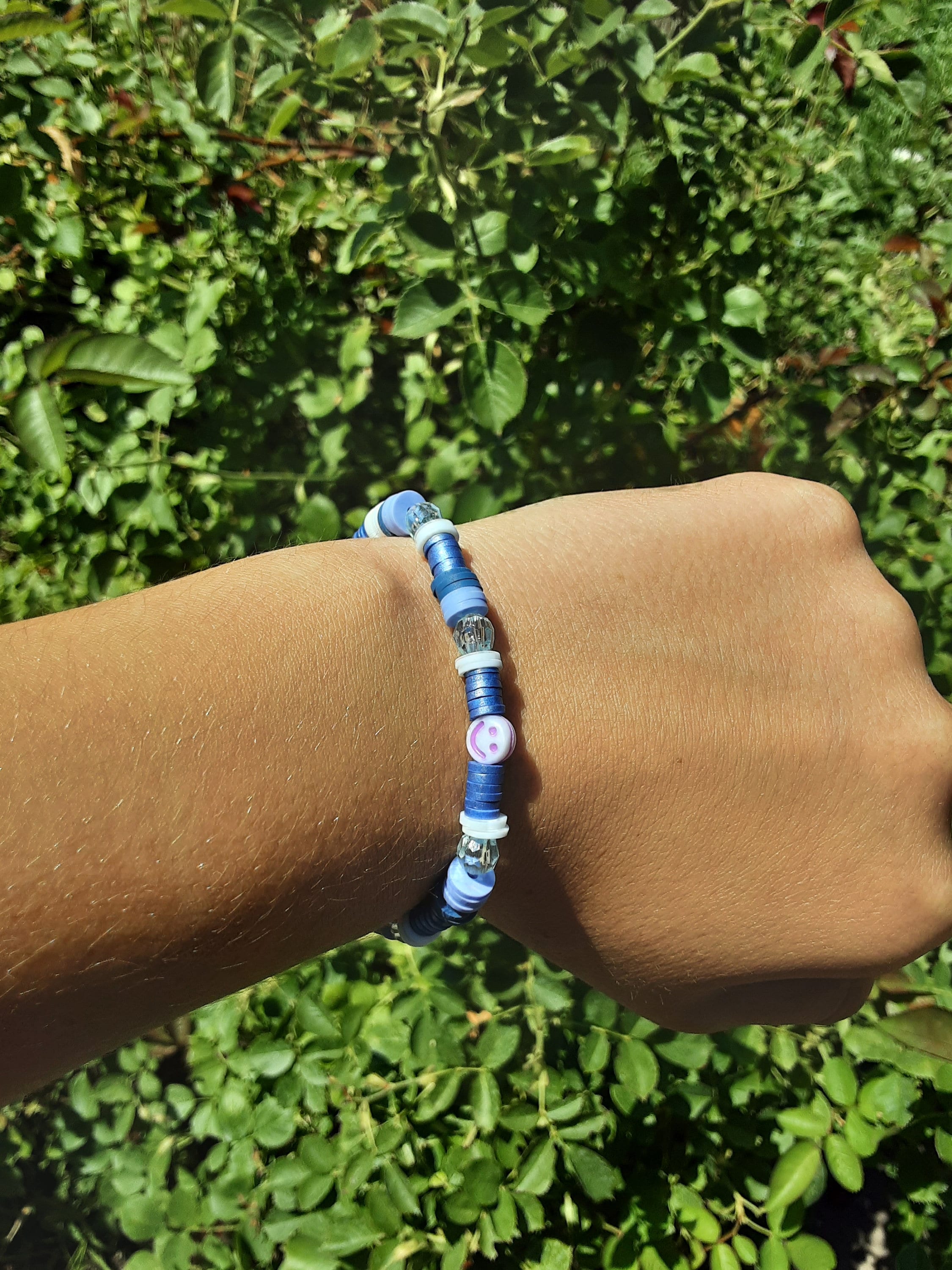 Blue and purple clay beaded bracelet with gems and smile Etsy