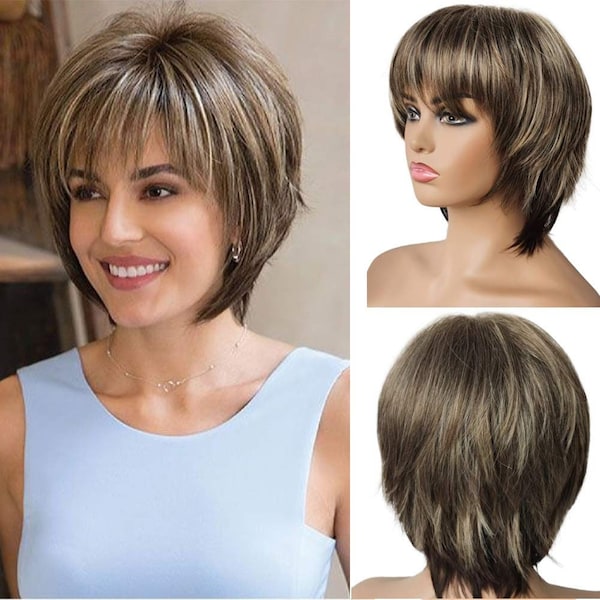 Short Blonde Mixed Brown Color Ombre Pixie Cut Layered Natural Looking Synthetic Wig with Bangs Human Hair Feel Heat Resistant Wig