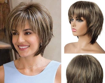 Short Blonde Mixed Brown Color Ombre Pixie Cut Layered Natural Looking Synthetic Wig with Bangs Human Hair Feel Heat Resistant Wig