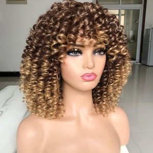 Short Kinky Curly Ombre Blonde Glueless Wig With Bangs Soft - Etsy