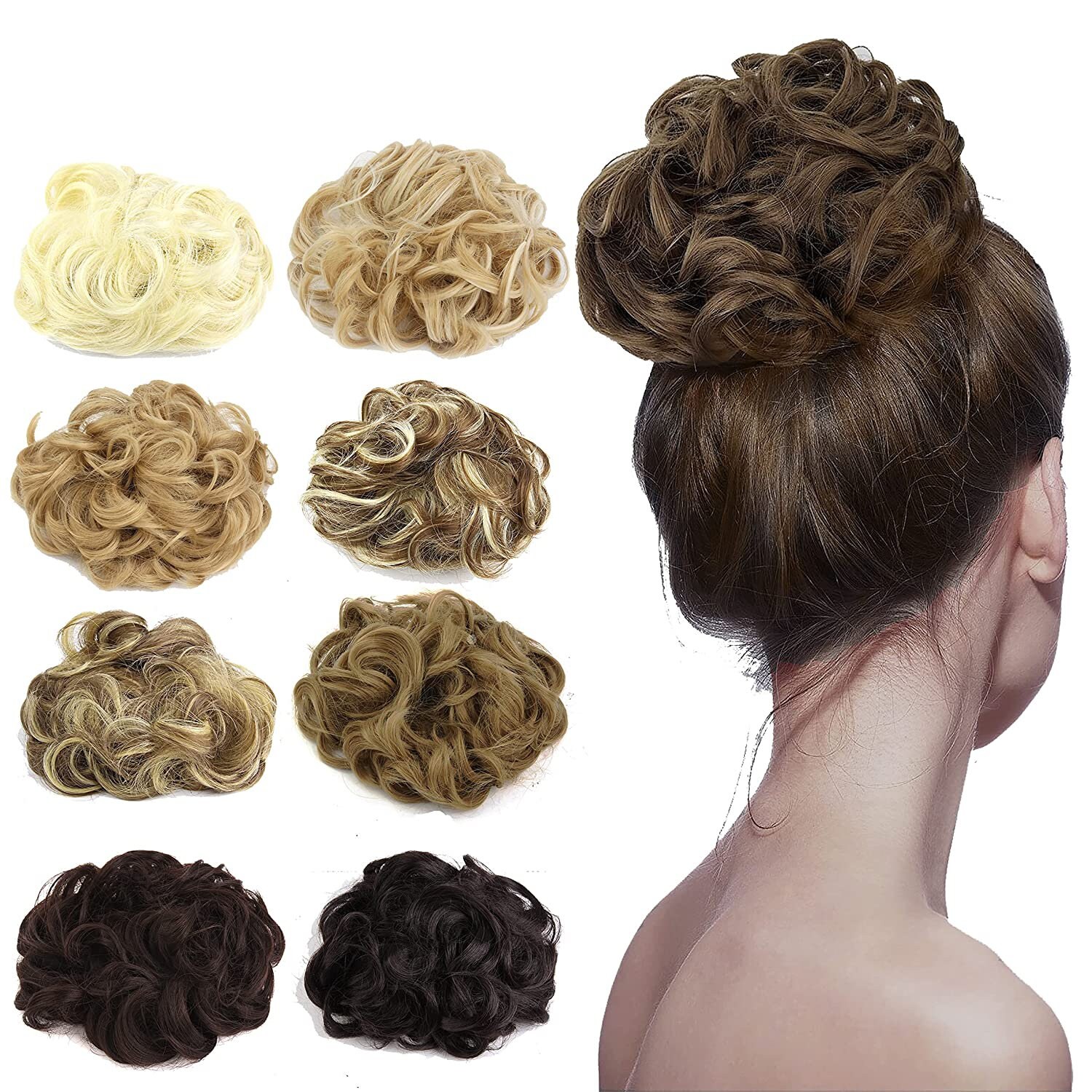 Amazon.com : FESHFEN Human Hair Messy Buns, 100% Human Hair Bun Hair Piece  Real Hair Extension Wavy Curly Hair Scrunchies Tousled Updo Chignon  Hairpieces for Women Girls, Medium Chestnut Brown : Beauty