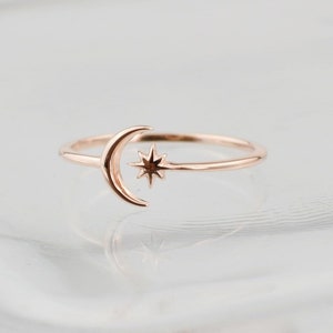 Sterling Silver Open Moon And Star ring, crescent moon, adjustable wrap ring, love you to the moon ring, dainty moon ring, sterling silver